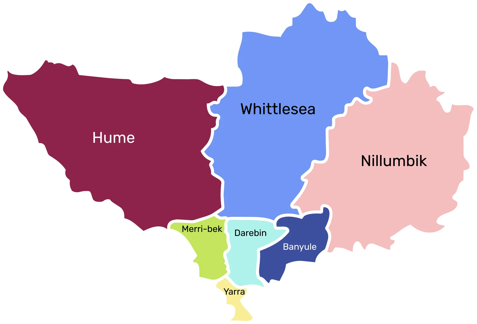 Map of the WHIN catchment area across Melbourne's north: Hume, Whittlesea, Nillumbik, Merri-bek, Darebin, Banyule and Yarra